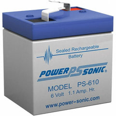 Power-Sonic - Lead-Acid, Quick-Disconnect Tab Terminal, 6 Volt, 1.1 Amp, Lead Rechargeable Battery - 3/16" Tab Width x 0.8mm Tab Thickness, 1.65" Wide x 2" High x 2" Deep - Exact Tooling