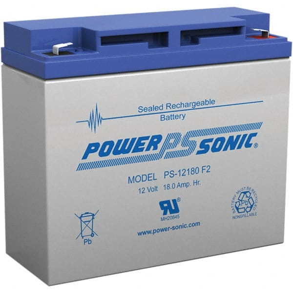 Power-Sonic - Lead-Acid, Quick-Disconnect Tab Terminal, 12 Volt, 18 Amp, Lead Rechargeable Battery - 1/4" Tab Width x 0.8mm Tab Thickness, 3" Wide x 6.59" High x 7.13" Deep - Exact Tooling