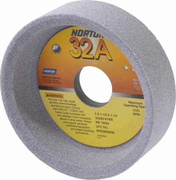 Norton - 5" Diam, 1-1/4" Hole Size, 1-1/2" Overall Thickness, 60 Grit, Type 6 Tool & Cutter Grinding Wheel - Medium Grade, Aluminum Oxide, K Hardness, Vitrified Bond, 4,585 RPM - Exact Tooling