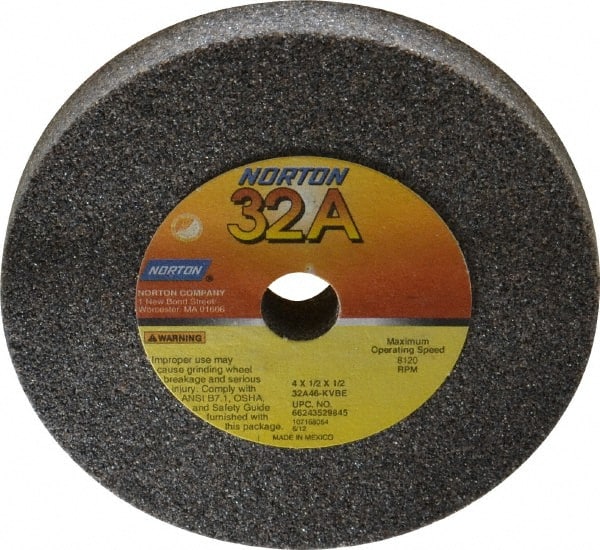 Norton - 46 Grit Aluminum Oxide Type 1 Internal Grinding Wheel - 4" Diam x 1/2" Hole x 1/2" Thick, 8,120 Max RPM, Type 1 Coarse Grade, K Hardness, Vitrified Bond, No Recess - Exact Tooling