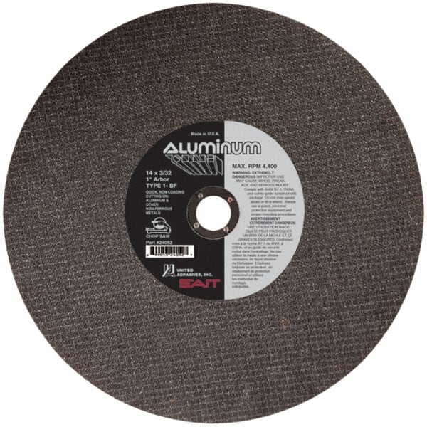 Sait - 14" Aluminum Oxide Cutoff Wheel - 3/32" Thick, 1" Arbor, 4,400 Max RPM, Use with Chop Saws - Exact Tooling