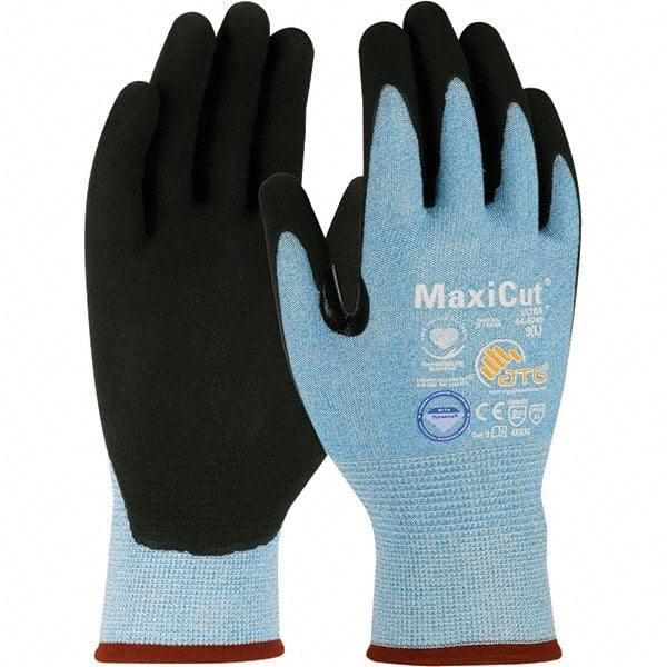 ATG - Size XL, ANSI Cut Lvl A3, Puncture Lvl 3, Abrasion Lvl 4, Micro-Foam Nitrile Coated Dyneema Diamond Technology Cut Resistant Gloves - 9" Long, Palm & Fingers Coated, Continuous Knit Cuff, Blue/Black, Paired - Exact Tooling