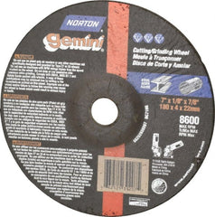 Norton - 7" Wheel Diam, 1/8" Wheel Thickness, 7/8" Arbor Hole, Type 27 Depressed Center Wheel - Aluminum Oxide, 8,600 Max RPM, Compatible with Angle Grinder - Exact Tooling