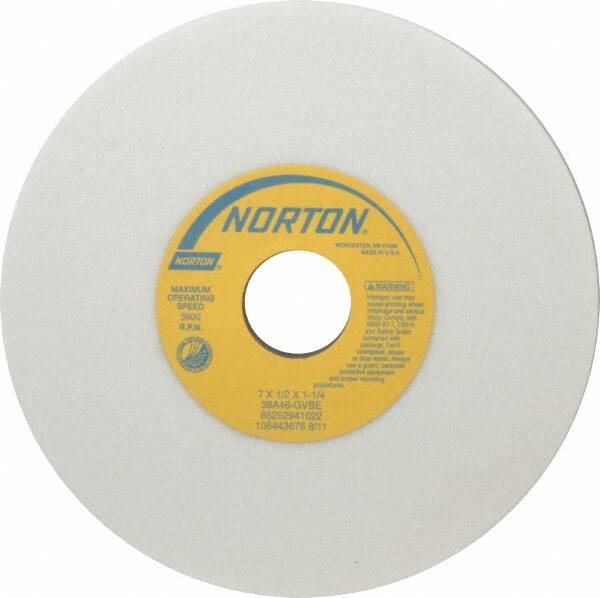 Norton - 7" Diam x 1-1/4" Hole x 1/2" Thick, G Hardness, 46 Grit Surface Grinding Wheel - Aluminum Oxide, Type 1, Coarse Grade, 3,600 Max RPM, Vitrified Bond, No Recess - Exact Tooling