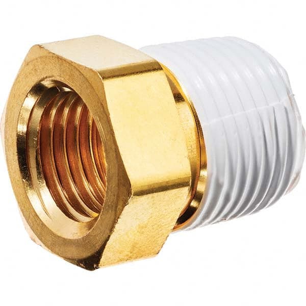 Brass Pipe Bushing: 1/2 x 1/4″ Fitting, Threaded, FNPT x MNPT FNPT x MNPT w/Thread Sealant Ends, 2,800 psi, Brass Finish, Class Instrumentation
