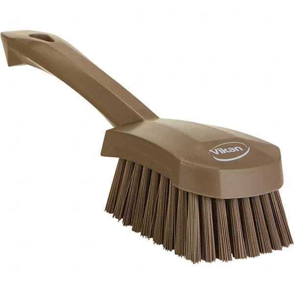Vikan - 1.3" Bristle Length, Polyester Scrub Brush - 4-1/4" Long x 2-3/4" Wide Head, 10" OAL, Ergonomic Handle, Brown, Polypropylene Block - Exact Tooling