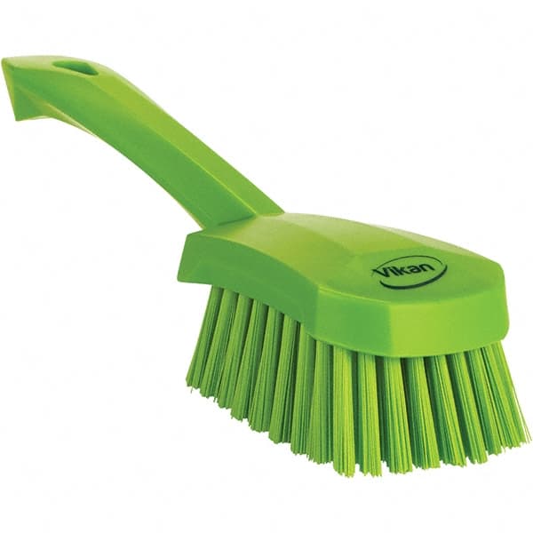 Vikan - 1.3" Bristle Length, Polyester Scrub Brush - 4-1/4" Long x 2-3/4" Wide Head, 10" OAL, Ergonomic Handle, Green, Polypropylene Block - Exact Tooling