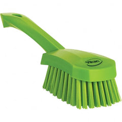 Vikan - 1.3" Bristle Length, Polyester Scrub Brush - 4-1/4" Long x 2-3/4" Wide Head, 10" OAL, Ergonomic Handle, Green, Polypropylene Block - Exact Tooling