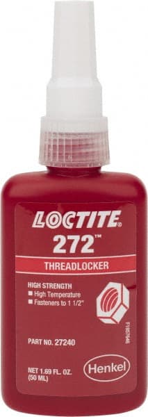 Loctite - 50 mL Bottle, Red, High Strength Liquid Threadlocker - Series 272, 24 hr Full Cure Time, Hand Tool, Heat Removal - Exact Tooling