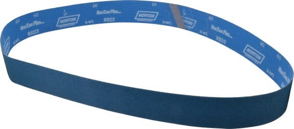 Norton - 2-1/2" Wide x 60" OAL, 60 Grit, Zirconia Alumina Abrasive Belt - Zirconia Alumina, Medium, Coated, X Weighted Cloth Backing, Series R823 - Exact Tooling
