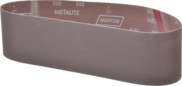 Norton - 4" Wide x 36" OAL, 320 Grit, Aluminum Oxide Abrasive Belt - Aluminum Oxide, Extra Fine, Coated, X Weighted Cloth Backing, Series R228 - Exact Tooling