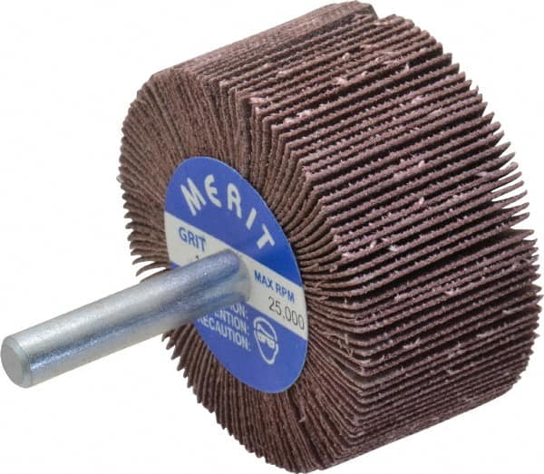 Merit Abrasives - 2" Diam x 1" Face Width, Very Fine Ceramic Alumina Coated Mounted Flap Wheel - 1/4" Shank Mount, 180 Grit, Cloth Backing, 25,000 Max RPM - Exact Tooling