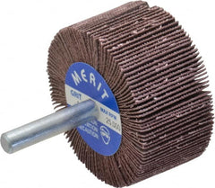 Merit Abrasives - 2" Diam x 1" Face Width, Very Fine Ceramic Alumina Coated Mounted Flap Wheel - 1/4" Shank Mount, 180 Grit, Cloth Backing, 25,000 Max RPM - Exact Tooling