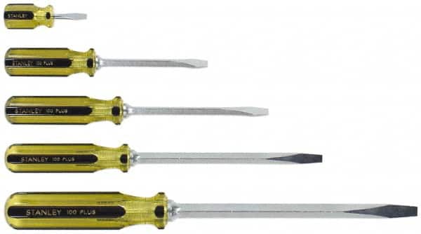 Stanley - 5 Piece Slotted & Stubby Screwdriver Set - Blade Sizes: Length 1-1/2, 4, 6, 8 & 12, Width 1/4, 5/16 & 3/8 - Exact Tooling