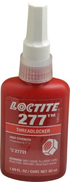 Loctite - 50 mL Bottle, Red, High Strength Liquid Threadlocker - Series 277, 24 hr Full Cure Time, Hand Tool, Heat Removal - Exact Tooling
