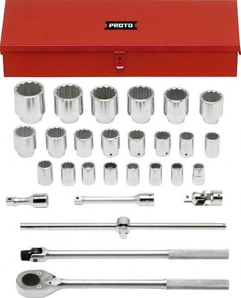 Proto - 28 Piece 3/4" Drive Chrome Finish Socket Set - 12 Points, 21mm to 60mm Range, Metric Measurement Standard - Exact Tooling