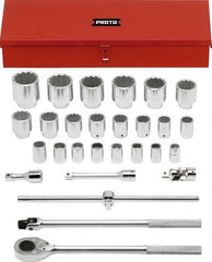 Proto - 28 Piece 3/4" Drive Chrome Finish Socket Set - 12 Points, 21mm to 60mm Range, Metric Measurement Standard - Exact Tooling