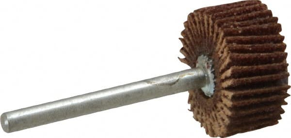 Merit Abrasives - 3/4" Diam x 3/8" Face Width, Medium Aluminum Oxide Coated Mounted Flap Wheel - 1/8" Shank Mount, 80 Grit, Cloth Backing, 35,000 Max RPM - Exact Tooling