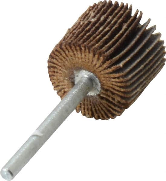 Merit Abrasives - 3/4" Diam x 5/8" Face Width, Medium Aluminum Oxide Coated Mounted Flap Wheel - 1/8" Shank Mount, 80 Grit, Cloth Backing, 35,000 Max RPM - Exact Tooling