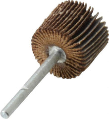 Merit Abrasives - 3/4" Diam x 5/8" Face Width, Medium Aluminum Oxide Coated Mounted Flap Wheel - 1/8" Shank Mount, 80 Grit, Cloth Backing, 35,000 Max RPM - Exact Tooling