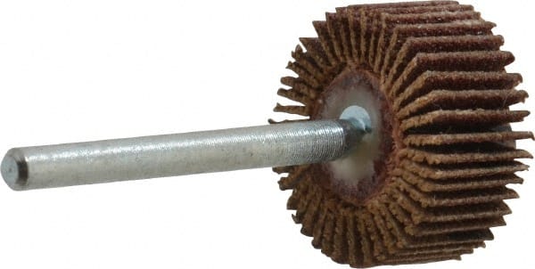 Merit Abrasives - 3/4" Diam x 3/8" Face Width, Fine Aluminum Oxide Coated Mounted Flap Wheel - 1/8" Shank Mount, 120 Grit, Cloth Backing, 35,000 Max RPM - Exact Tooling