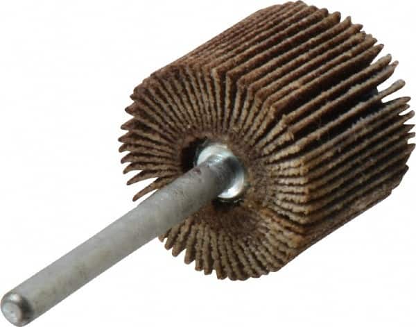 Merit Abrasives - 3/4" Diam x 5/8" Face Width, Fine Aluminum Oxide Coated Mounted Flap Wheel - 1/8" Shank Mount, 120 Grit, Cloth Backing, 35,000 Max RPM - Exact Tooling