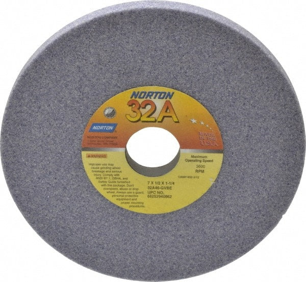 Norton - 7" Diam x 1-1/4" Hole x 1/2" Thick, G Hardness, 46 Grit Surface Grinding Wheel - Aluminum Oxide, Type 1, Coarse Grade, 3,600 Max RPM, Vitrified Bond, No Recess - Exact Tooling