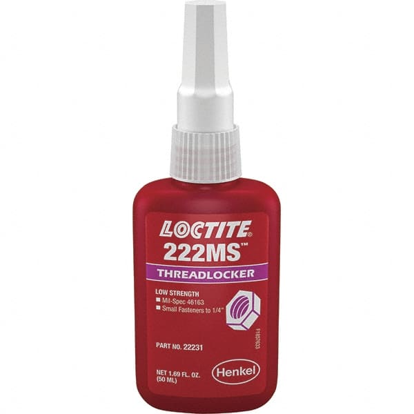 Loctite - 50 mL Bottle, Purple, Low Strength Liquid Threadlocker - Series 222, 24 hr Full Cure Time, Hand Tool Removal - Exact Tooling