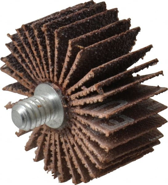 Merit Abrasives - 1-3/8" Diam x 5/8" Face Width, Medium Aluminum Oxide Coated Mounted Flap Wheel - 1/4-20 Threaded Mount, 60 Grit, Cloth Backing, 30,000 Max RPM - Exact Tooling