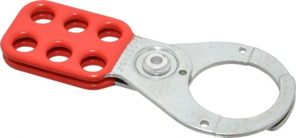 Master Lock - Single Jaw, 1-1/2" Jaw Diam, 6 PadLocks, Steel Lockout Hasp - Scissor Action, 5" Long, Red - Exact Tooling