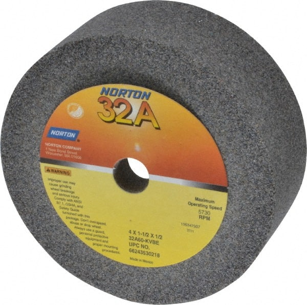 Norton - 4" Diam, 1/2" Hole Size, 1-1/2" Overall Thickness, 60 Grit, Type 6 Tool & Cutter Grinding Wheel - Medium Grade, Aluminum Oxide, K Hardness, Vitrified Bond, 5,730 RPM - Exact Tooling