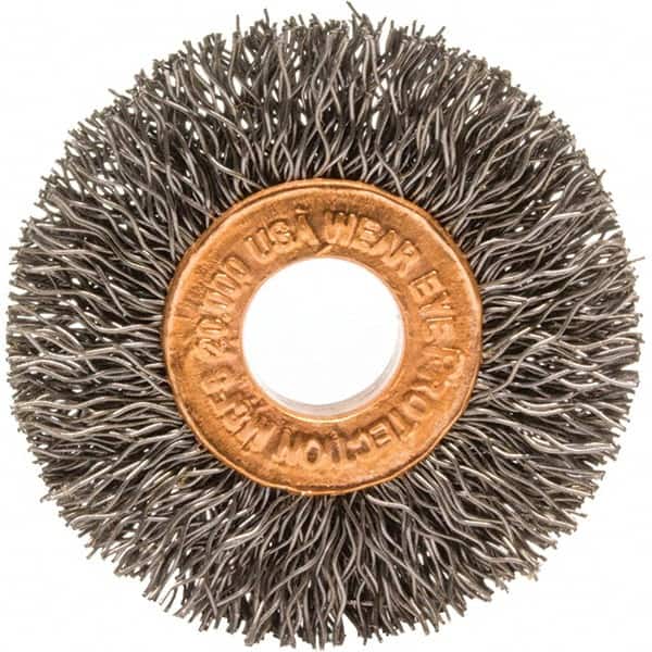 Brush Research Mfg. - 1-1/2" OD, 3/8" Arbor Hole, Crimped Carbon Wheel Brush - 1/4" Face Width, 3/8" Trim Length, 20,000 RPM - Exact Tooling