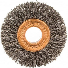 Brush Research Mfg. - 1-1/2" OD, 3/8" Arbor Hole, Crimped Carbon Wheel Brush - 1/4" Face Width, 3/8" Trim Length, 20,000 RPM - Exact Tooling