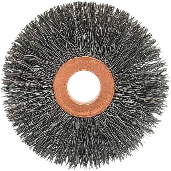 Brush Research Mfg. - 2-1/2" OD, 1/2" Arbor Hole, Crimped Stainless Steel Wheel Brush - 1/2" Face Width, 3/4" Trim Length, 20,000 RPM - Exact Tooling