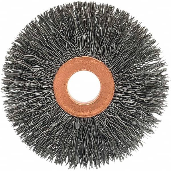 Brush Research Mfg. - 3" OD, 5/8" Arbor Hole, Crimped Carbon Wheel Brush - 5/8" Face Width, 15/16" Trim Length, 20,000 RPM - Exact Tooling