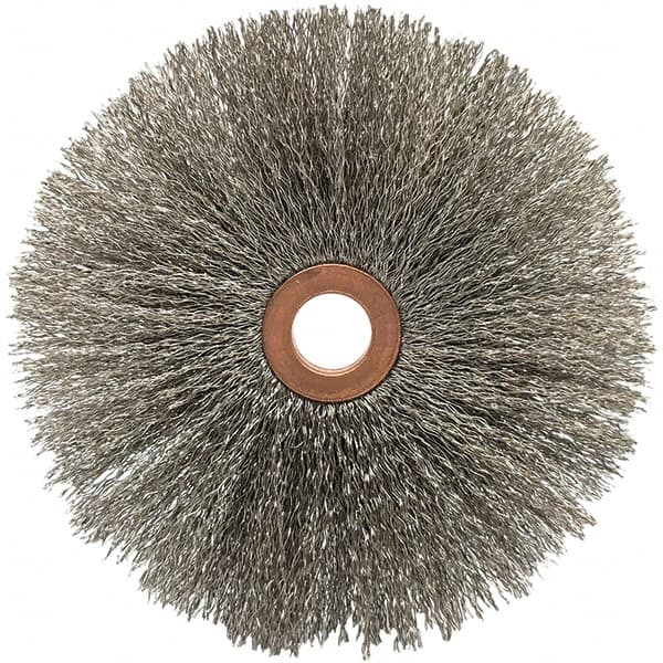 Brush Research Mfg. - 4" OD, 1/2" Arbor Hole, Crimped Stainless Steel Wheel Brush - 5/8" Face Width, 1-9/16" Trim Length, 20,000 RPM - Exact Tooling