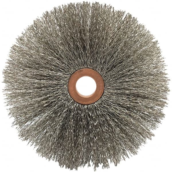 Brush Research Mfg. - 4" OD, 5/8" Arbor Hole, Crimped Carbon Wheel Brush - 5/8" Face Width, 1-9/16" Trim Length, 20,000 RPM - Exact Tooling