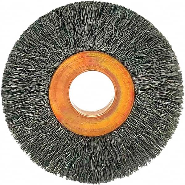 Brush Research Mfg. - 1-1/2" OD, 3/8" Arbor Hole, Crimped Carbon Wheel Brush - 1/4" Face Width, 3/8" Trim Length, 20,000 RPM - Exact Tooling