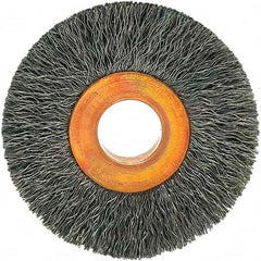 Brush Research Mfg. - 1-1/2" OD, 3/8" Arbor Hole, Crimped Carbon Wheel Brush - 1/4" Face Width, 3/8" Trim Length, 20,000 RPM - Exact Tooling