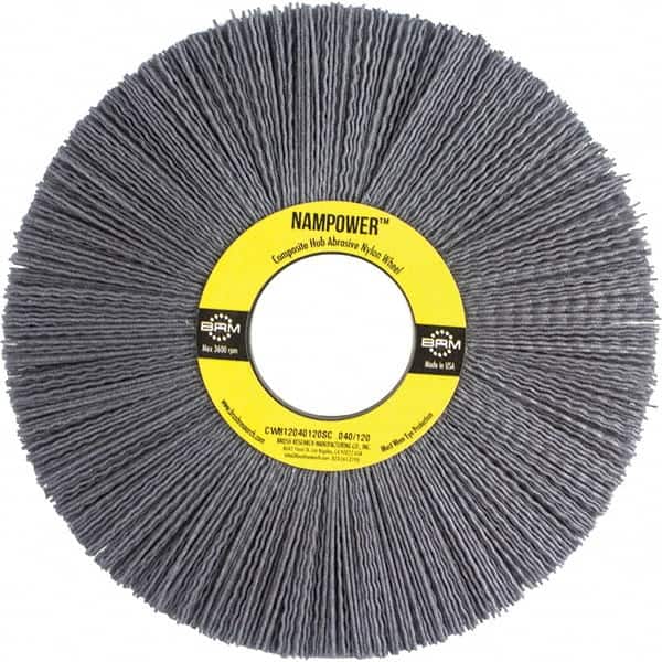Brush Research Mfg. - 8" OD, 2" Arbor Hole, Crimped Abrasive Nylon Wheel Brush - 1/2" Face Width, 2-1/2" Trim Length, 3,600 RPM - Exact Tooling