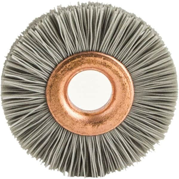 Brush Research Mfg. - 1" OD, 3/8" Arbor Hole, Crimped Abrasive Nylon Wheel Brush - 1/4" Face Width, 1/8" Trim Length, 20,000 RPM - Exact Tooling