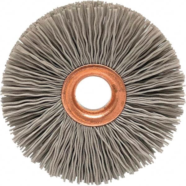 Brush Research Mfg. - 3-1/2" OD, 1/2" Arbor Hole, Crimped Abrasive Nylon Wheel Brush - 3/4" Face Width, 3/16" Trim Length, 20,000 RPM - Exact Tooling