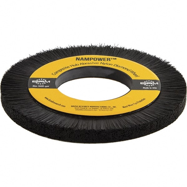 Brush Research Mfg. - 7-7/8" OD, 3-1/4" Arbor Hole, Crimped Abrasive Nylon Wheel Brush - 0.394" Face Width, 1.1811" Trim Length, 3,600 RPM - Exact Tooling