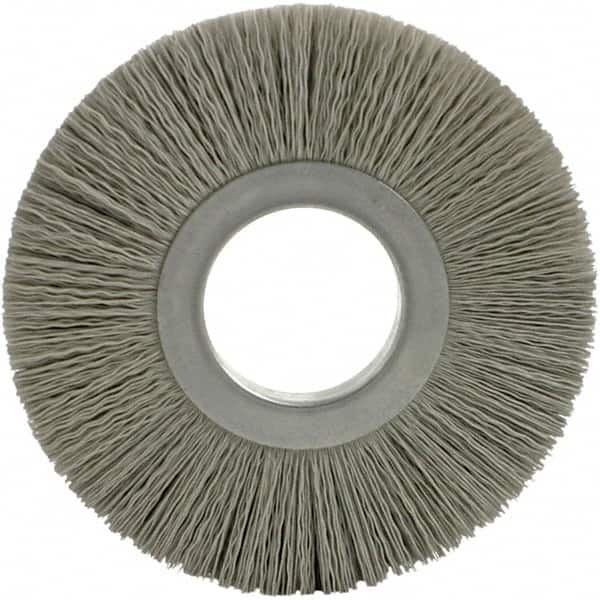 Brush Research Mfg. - 8" OD, 3-1/4" Arbor Hole, Crimped Abrasive Nylon Wheel Brush - 17/32" Face Width, 1-7/8" Trim Length, 5,000 RPM - Exact Tooling