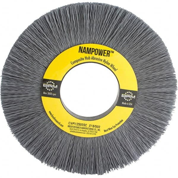 Brush Research Mfg. - 6" OD, 2" Arbor Hole, Crimped Abrasive Nylon Wheel Brush - 1" Face Width, 1-1/2" Trim Length, 3,600 RPM - Exact Tooling