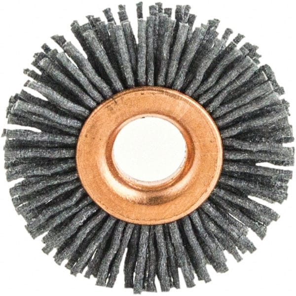 Brush Research Mfg. - 2" OD, 1/2" Arbor Hole, Crimped Abrasive Nylon Wheel Brush - 1/2" Face Width, 1/2" Trim Length, 20,000 RPM - Exact Tooling