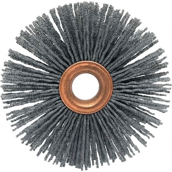 Brush Research Mfg. - 1-1/4" OD, 3/8" Arbor Hole, Crimped Abrasive Nylon Wheel Brush - 5/16" Face Width, 1/4" Trim Length, 20,000 RPM - Exact Tooling
