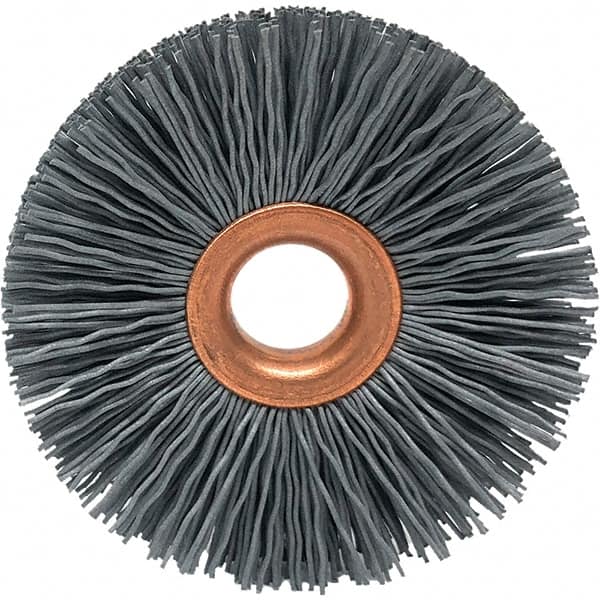Brush Research Mfg. - 1-1/2" OD, 3/8" Arbor Hole, Crimped Abrasive Nylon Wheel Brush - 5/16" Face Width, 3/8" Trim Length, 20,000 RPM - Exact Tooling