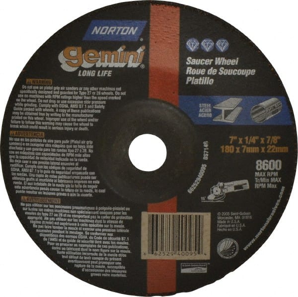 Norton - 24 Grit, 7" Wheel Diam, 1/4" Wheel Thickness, 7/8" Arbor Hole, Type 28 Depressed Center Wheel - Aluminum Oxide, 8,600 Max RPM, Compatible with Angle Grinder - Exact Tooling