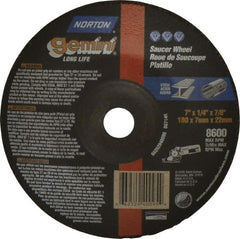 Norton - 24 Grit, 7" Wheel Diam, 1/4" Wheel Thickness, 7/8" Arbor Hole, Type 28 Depressed Center Wheel - Aluminum Oxide, 8,600 Max RPM, Compatible with Angle Grinder - Exact Tooling